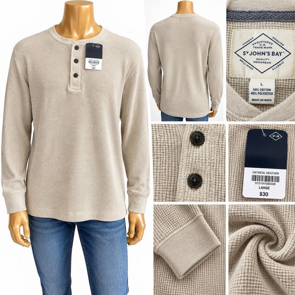 St Johns Bay L Men Long Sleeve Waffle Knit Henley Shirt Cotton Blend Thermal NWT